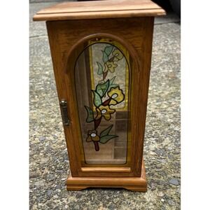 Powell Vintage Wood Jewelry Armoire Stained Glass Door Rotating Carousel Mirror
